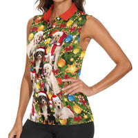 Christmas Dogs Women Sleeveless Polo Shirt with Santa Hats and Festive Ornament Pattern - Wonder Print Shop