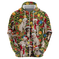 Christmas Dogs Zip Hoodie with Santa Hats and Festive Ornament Pattern - Wonder Print Shop