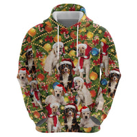 Christmas Dogs Zip Hoodie with Santa Hats and Festive Ornament Pattern - Wonder Print Shop