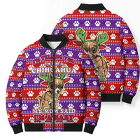Chihuahua Christmas Bomber Puffer Jacket with I’m Not a Chihuahua I’m a Baby Quote and Red Purple Christmas Pattern - Wonder Print Shop