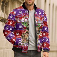 Chihuahua Christmas Bomber Puffer Jacket with I’m Not a Chihuahua I’m a Baby Quote and Red Purple Christmas Pattern - Wonder Print Shop