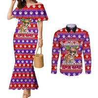 Chihuahua Christmas Couples Matching Mermaid Dress and Long Sleeve Button Shirt with I’m Not a Chihuahua I’m a Baby Quote and Red Purple Christmas Pattern - Wonder Print Shop