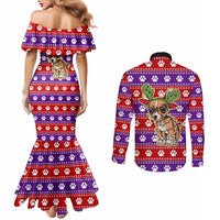 Chihuahua Christmas Couples Matching Mermaid Dress and Long Sleeve Button Shirt with I’m Not a Chihuahua I’m a Baby Quote and Red Purple Christmas Pattern - Wonder Print Shop