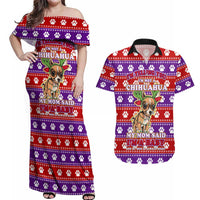 Chihuahua Christmas Couples Matching Off Shoulder Maxi Dress and Hawaiian Shirt with I’m Not a Chihuahua I’m a Baby Quote and Red Purple Christmas Pattern - Wonder Print Shop