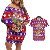 Chihuahua Christmas Couples Matching Off Shoulder Short Dress and Hawaiian Shirt with I’m Not a Chihuahua I’m a Baby Quote and Red Purple Christmas Pattern - Wonder Print Shop