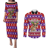 Chihuahua Christmas Couples Matching Puletasi and Long Sleeve Button Shirt with I’m Not a Chihuahua I’m a Baby Quote and Red Purple Christmas Pattern - Wonder Print Shop