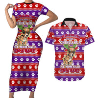 Chihuahua Christmas Couples Matching Short Sleeve Bodycon Dress and Hawaiian Shirt with I’m Not a Chihuahua I’m a Baby Quote and Red Purple Christmas Pattern - Wonder Print Shop