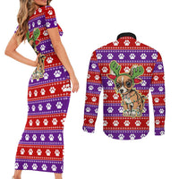 Chihuahua Christmas Couples Matching Short Sleeve Bodycon Dress and Long Sleeve Button Shirt with I’m Not a Chihuahua I’m a Baby Quote and Red Purple Christmas Pattern - Wonder Print Shop