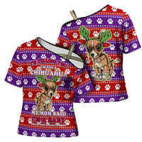 Chihuahua Christmas Cross Shoulder Shirt with I’m Not a Chihuahua I’m a Baby Quote and Red Purple Christmas Pattern - Wonder Print Shop