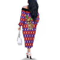 Chihuahua Christmas Family Matching Off The Shoulder Long Sleeve Dress and Hawaiian Shirt with I’m Not a Chihuahua I’m a Baby Quote and Red Purple Christmas Pattern - Wonder Print Shop