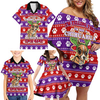 Chihuahua Christmas Family Matching Off Shoulder Short Dress and Hawaiian Shirt with I’m Not a Chihuahua I’m a Baby Quote and Red Purple Christmas Pattern - Wonder Print Shop