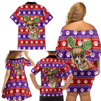 Chihuahua Christmas Family Matching Off Shoulder Short Dress and Hawaiian Shirt with I’m Not a Chihuahua I’m a Baby Quote and Red Purple Christmas Pattern - Wonder Print Shop