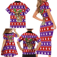 Chihuahua Christmas Family Matching Short Sleeve Bodycon Dress and Hawaiian Shirt with I’m Not a Chihuahua I’m a Baby Quote and Red Purple Christmas Pattern - Wonder Print Shop
