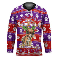 Chihuahua Christmas Hockey Jersey with I’m Not a Chihuahua I’m a Baby Quote and Red Purple Christmas Pattern - Wonder Print Shop
