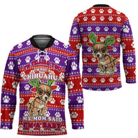 Chihuahua Christmas Hockey Jersey with I’m Not a Chihuahua I’m a Baby Quote and Red Purple Christmas Pattern - Wonder Print Shop