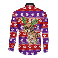 Chihuahua Christmas Long Sleeve Button Shirt with I’m Not a Chihuahua I’m a Baby Quote and Red Purple Christmas Pattern - Wonder Print Shop