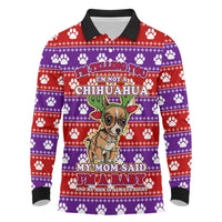 Chihuahua Christmas Long Sleeve Polo Shirt with I’m Not a Chihuahua I’m a Baby Quote and Red Purple Christmas Pattern - Wonder Print Shop