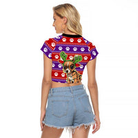 Chihuahua Christmas Raglan Cropped T Shirt with I’m Not a Chihuahua I’m a Baby Quote and Red Purple Christmas Pattern - Wonder Print Shop