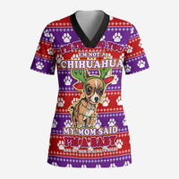 Chihuahua Christmas Scrub Top with I’m Not a Chihuahua I’m a Baby Quote and Red Purple Christmas Pattern - Wonder Print Shop