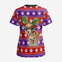 Chihuahua Christmas Scrub Top with I’m Not a Chihuahua I’m a Baby Quote and Red Purple Christmas Pattern - Wonder Print Shop