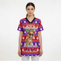 Chihuahua Christmas Scrub Top with I’m Not a Chihuahua I’m a Baby Quote and Red Purple Christmas Pattern - Wonder Print Shop