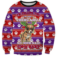Chihuahua Christmas Sweatshirt with I’m Not a Chihuahua I’m a Baby Quote and Red Purple Christmas Pattern - Wonder Print Shop