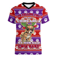 Chihuahua Christmas Women V-Neck T-Shirt with I’m Not a Chihuahua I’m a Baby Quote and Red Purple Christmas Pattern - Wonder Print Shop