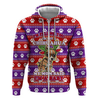 Chihuahua Christmas Zip Hoodie with I’m Not a Chihuahua I’m a Baby Quote and Red Purple Christmas Pattern - Wonder Print Shop