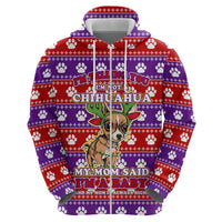 Chihuahua Christmas Zip Hoodie with I’m Not a Chihuahua I’m a Baby Quote and Red Purple Christmas Pattern - Wonder Print Shop