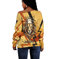 Pakhet Lion Head Off Shoulder Sweater with Claw Marks in Fiery Ancient Egyptian Motif