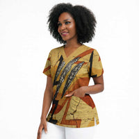 Pakhet Lion Head Scrub Top with Claw Marks in Fiery Ancient Egyptian Motif
