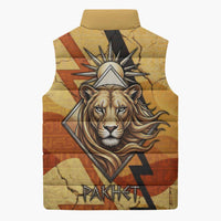 Pakhet Lion Head Sleeveless Puffer Jacket with Claw Marks in Fiery Ancient Egyptian Motif