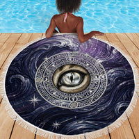 Pakhet Panther Beach Blanket with Cosmic Feline Eye on Starry Night River