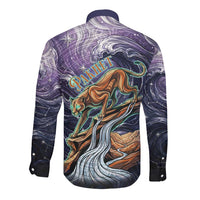 Pakhet Panther Long Sleeve Button Shirt with Cosmic Feline Eye on Starry Night River