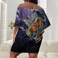 Pakhet Panther Off Shoulder Short Dress with Cosmic Feline Eye on Starry Night River
