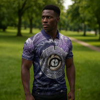 Pakhet Panther Zipper Polo Shirt with Cosmic Feline Eye on Starry Night River