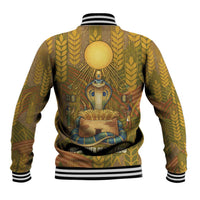 Renenutet Golden Cobra Baseball Jacket with Wheat Motif in Egyptian Agricultural Theme