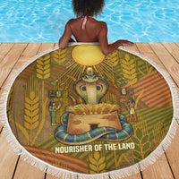 Renenutet Golden Cobra Beach Blanket with Wheat Motif in Egyptian Agricultural Theme