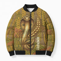 Renenutet Golden Cobra Bomber Puffer Jacket with Wheat Motif in Egyptian Agricultural Theme