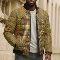 Renenutet Golden Cobra Bomber Puffer Jacket with Wheat Motif in Egyptian Agricultural Theme