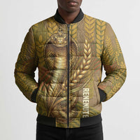 Renenutet Golden Cobra Bomber Puffer Jacket with Wheat Motif in Egyptian Agricultural Theme