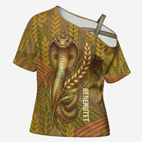 Renenutet Golden Cobra Cross Shoulder Shirt with Wheat Motif in Egyptian Agricultural Theme