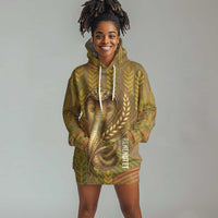 Renenutet Golden Cobra Hoodie Dress with Wheat Motif in Egyptian Agricultural Theme