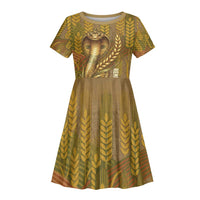 Renenutet Golden Cobra Kid Short Sleeve Dress with Wheat Motif in Egyptian Agricultural Theme