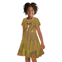 Renenutet Golden Cobra Kid Short Sleeve Dress with Wheat Motif in Egyptian Agricultural Theme