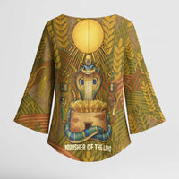 Renenutet Golden Cobra Kimono Sleeve Blouse with Wheat Motif in Egyptian Agricultural Theme