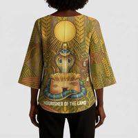 Renenutet Golden Cobra Kimono Sleeve Blouse with Wheat Motif in Egyptian Agricultural Theme