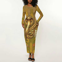 Renenutet Golden Cobra Long Sleeve Bodycon Dress with Wheat Motif in Egyptian Agricultural Theme