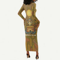 Renenutet Golden Cobra Long Sleeve Bodycon Dress with Wheat Motif in Egyptian Agricultural Theme