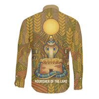 Renenutet Golden Cobra Long Sleeve Button Shirt with Wheat Motif in Egyptian Agricultural Theme